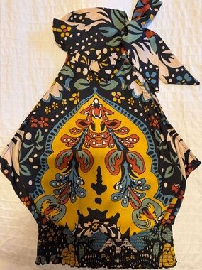 Free People Navy Halter Blouse with Yellow Medallion Print